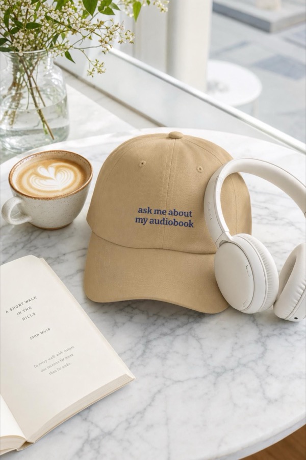 Tan embroidered dad hat reading ask me about my audiobook, styled with headphones, a latte and an open book