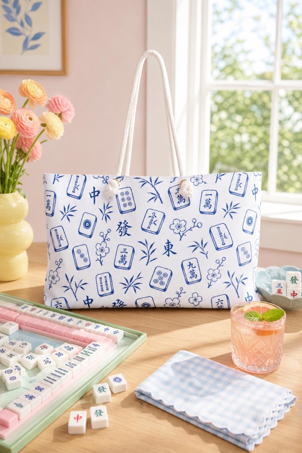 Blue and white chinoiserie mahjong tile print weekender tote with rope handles