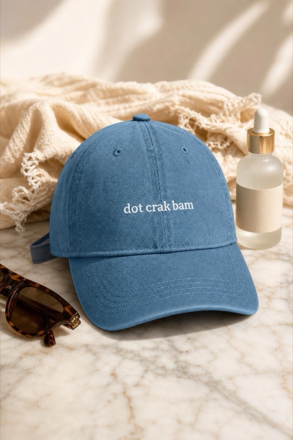 Denim blue embroidered dad hat reading dot crak bam for mahjong players
