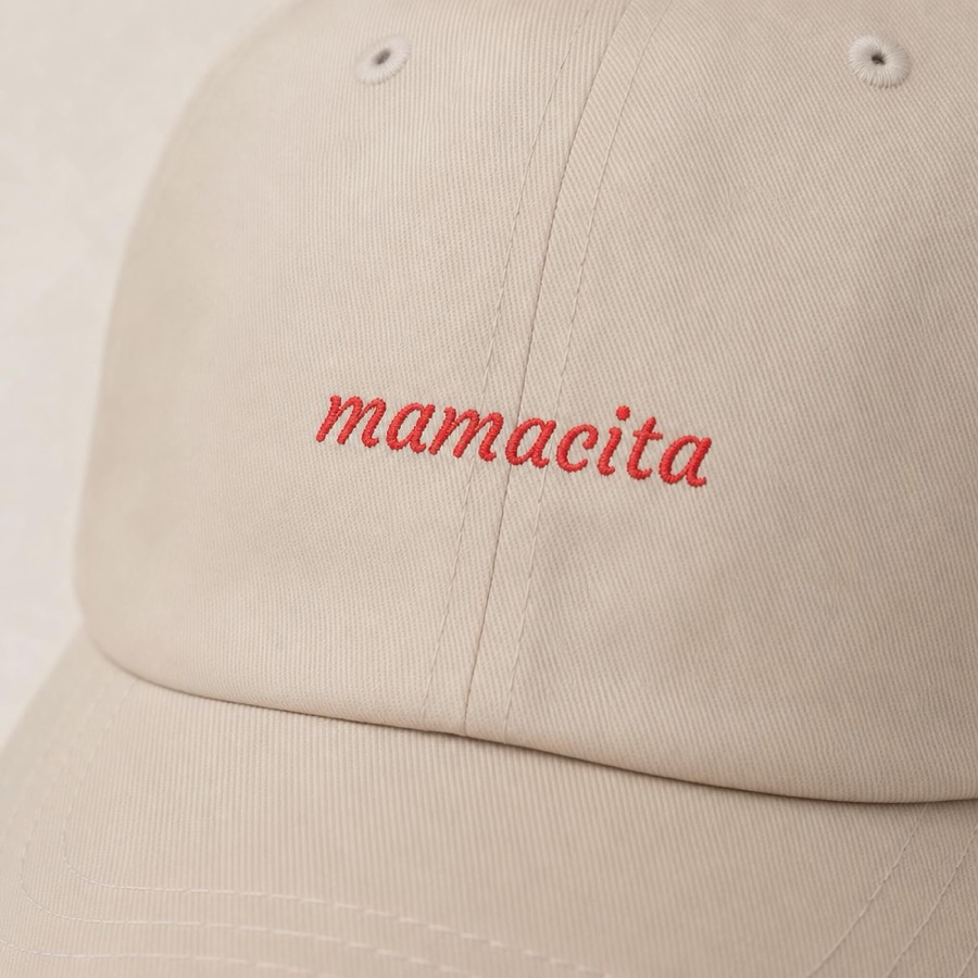 Cream embroidered dad hat with mamacita in red script
