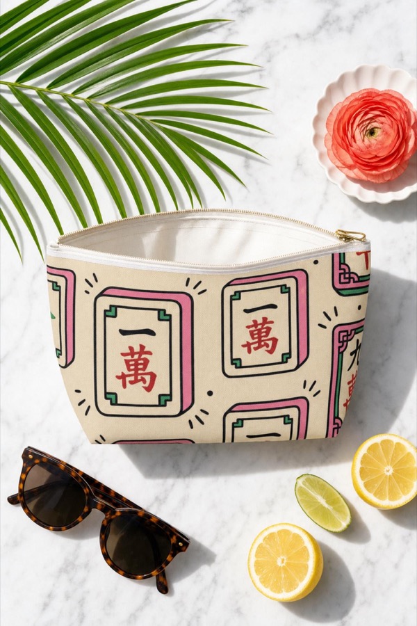 Cream canvas mahjong tile bag printed with pink and green tiles, fits a full set